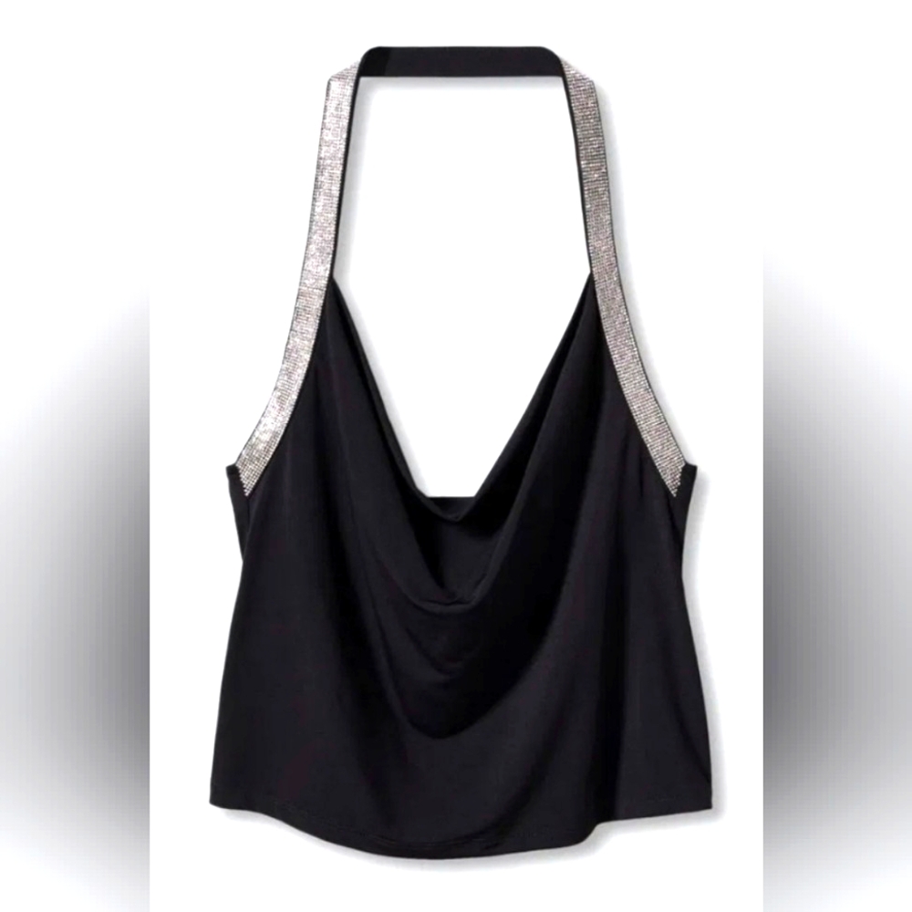 NWT MANGO Lux Draped Neck Rhinestone Top, size Small